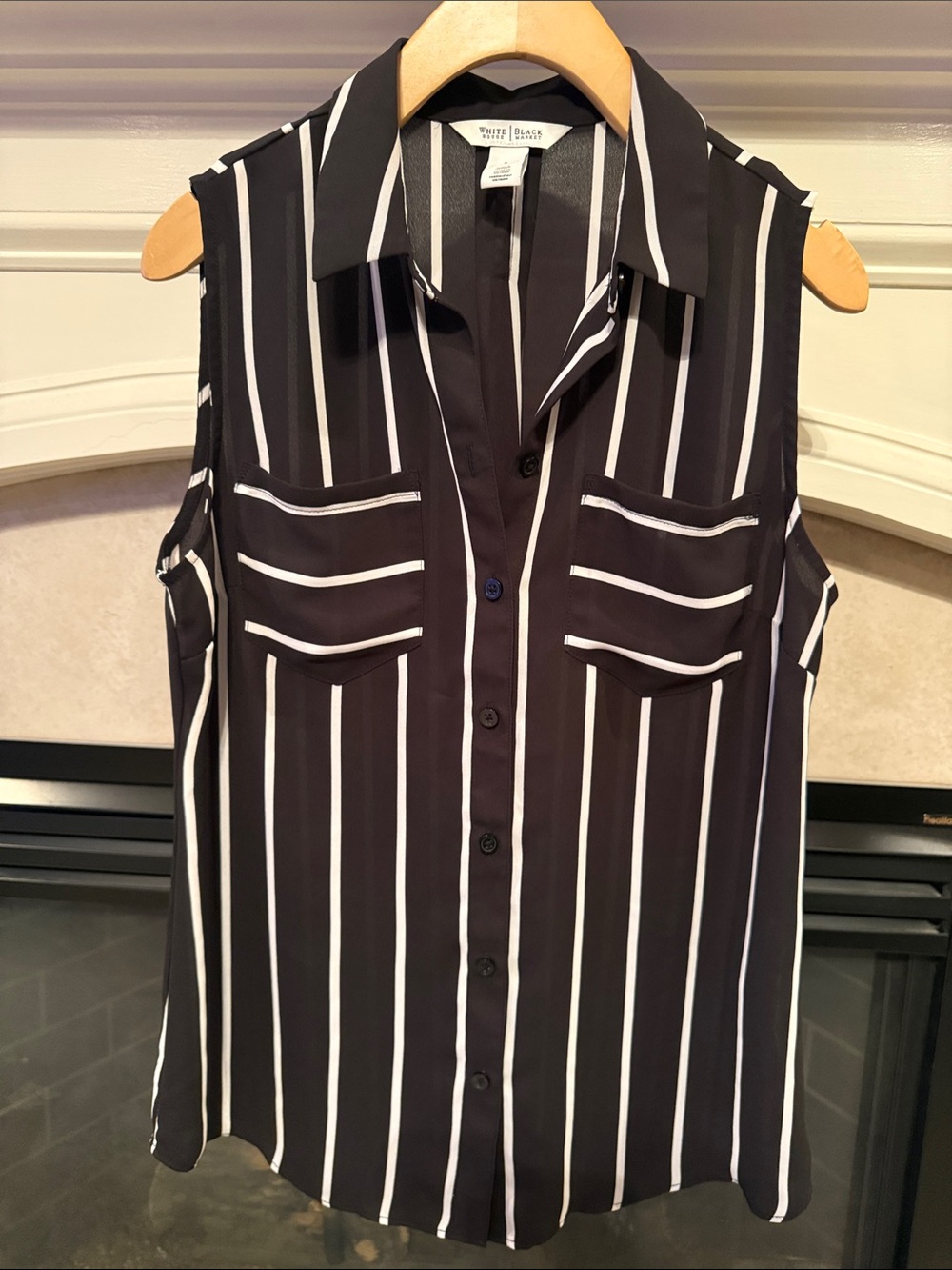 White House Black Market Black and White Vertical Stripe Sleeveless Blouse